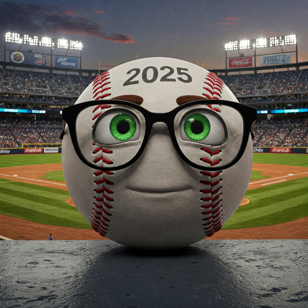 a baseball with thick framed eye glasses and green eyes at a stadium
